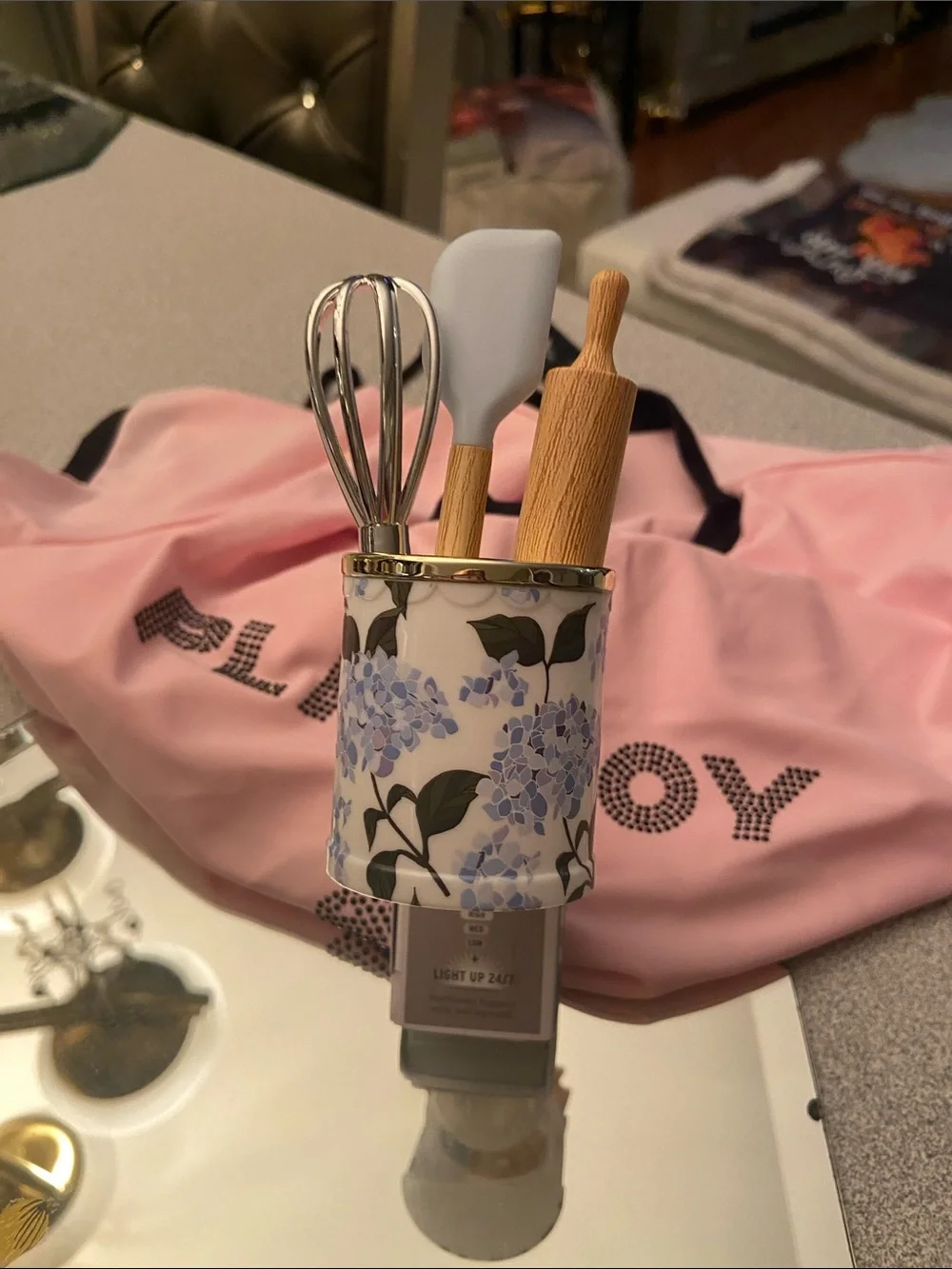 Floral Ceramic Utensil Holder - Blue Hydrangea wallflower light up